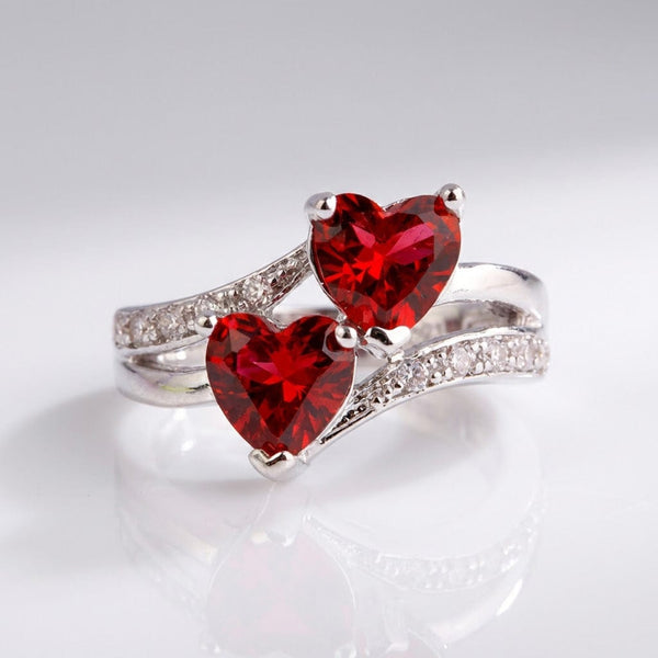 DOUBLE RED HEART SILVER RING