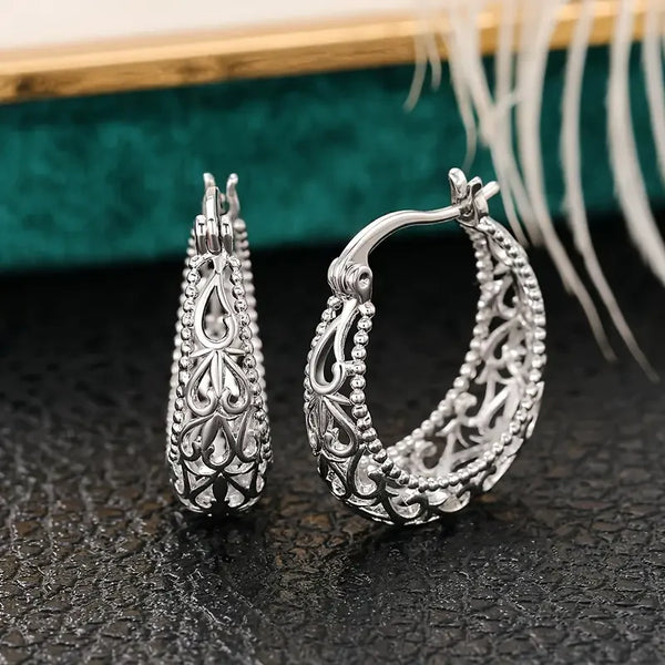 Antique Hollow Basket Earrings | White Gold