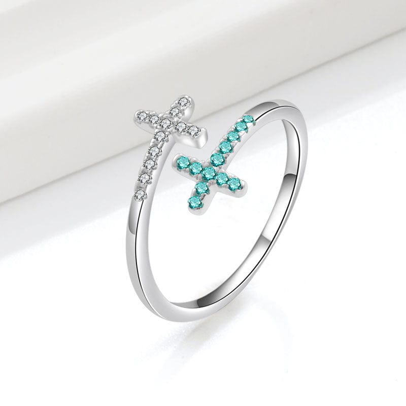 DOUBLE CROSS TURQUOISE & SILVER RING - (ADJUSTABLE)
